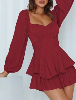 Women's Mini Dress White Dress A Line Dress Stylish Casual Lantern Sleeve Vacation Daily Date Regular Fit Plain Long Sleeve Square Neck Black White Pink Wine Summer Fall