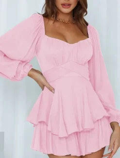 Women's Mini Dress White Dress A Line Dress Stylish Casual Lantern Sleeve Vacation Daily Date Regular Fit Plain Long Sleeve Square Neck Black White Pink Wine Summer Fall