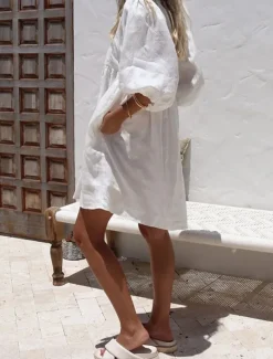 Women's Mini Dress White Dress Cotton Linen Dresses Black Dress Casual Dress Basic Modern Daily Weekend Loose Fit Plain 3/4 Length Sleeve V Neck Black White Rose Red Summer Spring