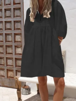Women's Mini Dress White Dress Cotton Linen Dresses Black Dress Casual Dress Basic Modern Daily Weekend Loose Fit Plain 3/4 Length Sleeve V Neck Black White Rose Red Summer Spring