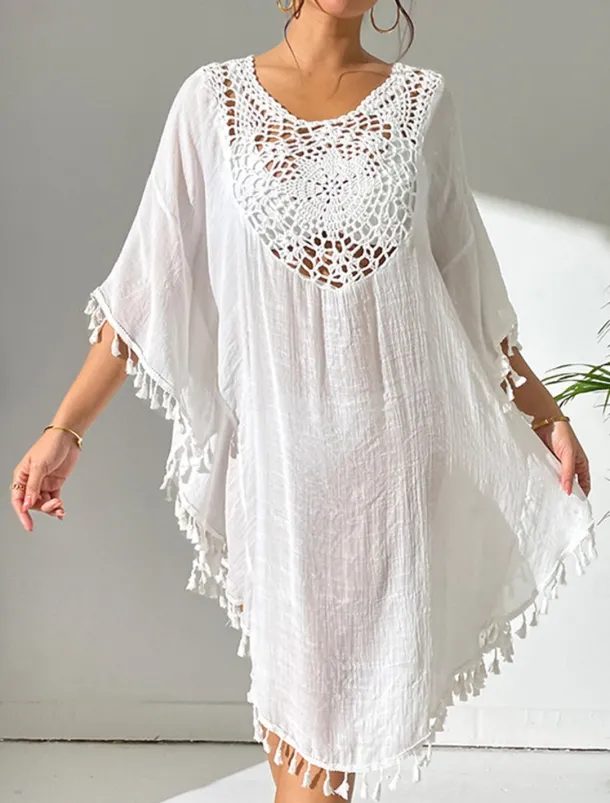Women's Mini Dress White Dress Lace Dress Shirt Dress Summer Dress Streetwear Basic Casual Vacation Street Holiday Regular Fit 3/4 Length Sleeve Crew Neck Black White Blue Orange Summer