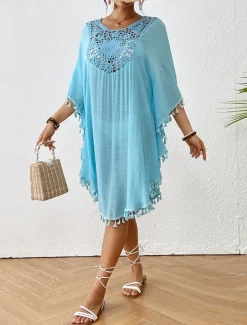 Women's Mini Dress White Dress Lace Dress Shirt Dress Summer Dress Streetwear Basic Casual Vacation Street Holiday Regular Fit 3/4 Length Sleeve Crew Neck Black White Blue Orange Summer