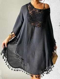 Women's Mini Dress White Dress Lace Dress Shirt Dress Summer Dress Streetwear Basic Casual Vacation Street Holiday Regular Fit 3/4 Length Sleeve Crew Neck Black White Blue Orange Summer