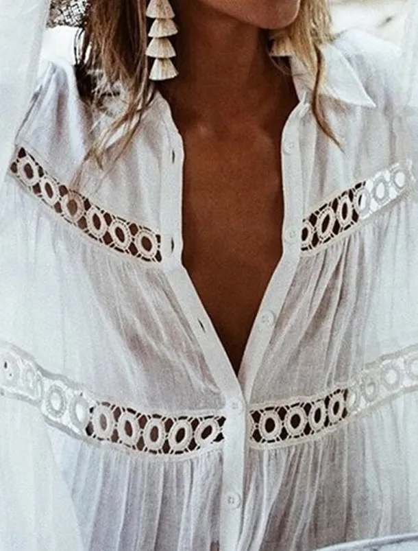 Women's Mini Dress White Dress Lace Dress Shirt Dress Casual Dress Streetwear Vacation Street Holiday Loose Fit Long Sleeve Shirt Collar White Summer Spring