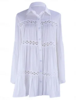 Women's Mini Dress White Dress Lace Dress Shirt Dress Casual Dress Streetwear Vacation Street Holiday Loose Fit Long Sleeve Shirt Collar White Summer Spring