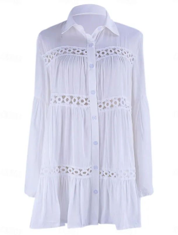 Women's Mini Dress White Dress Lace Dress Shirt Dress Casual Dress Streetwear Vacation Street Holiday Loose Fit Long Sleeve Shirt Collar White Summer Spring