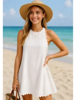 Women's Mini Dress White Dress Graduation Dress Elegant Basic Modern Vacation Holiday Beach Regular Fit Plain Sleeveless Halter Neck White Summer