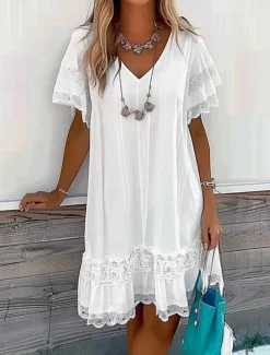 Women's Mini Dress White Dress Lace Dress Casual Dress A Line Dress Basic Casual Vacation Daily Regular Fit Graphic Short Sleeve V Neck White Summer