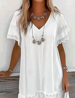 Women's Mini Dress White Dress Lace Dress Casual Dress A Line Dress Basic Casual Vacation Daily Regular Fit Graphic Short Sleeve V Neck White Summer