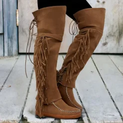 Women's Moccasin Suede Fringe Knee-High Boots - Vintage Boho Style, Embroidered Details, Comfortable Sole, Perfect for Festival Wear and Casual Outfits