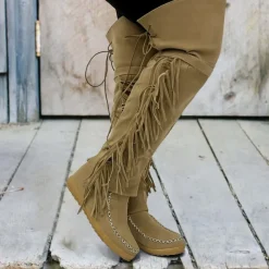 Women's Moccasin Suede Fringe Knee-High Boots - Vintage Boho Style, Embroidered Details, Comfortable Sole, Perfect for Festival Wear and Casual Outfits