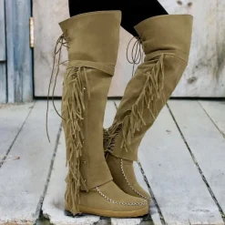Women's Moccasin Suede Fringe Knee-High Boots - Vintage Boho Style, Embroidered Details, Comfortable Sole, Perfect for Festival Wear and Casual Outfits