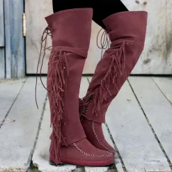 Women's Moccasin Suede Fringe Knee-High Boots - Vintage Boho Style, Embroidered Details, Comfortable Sole, Perfect for Festival Wear and Casual Outfits