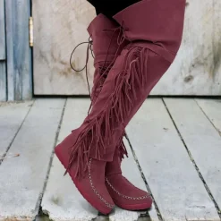 Women's Moccasin Suede Fringe Knee-High Boots - Vintage Boho Style, Embroidered Details, Comfortable Sole, Perfect for Festival Wear and Casual Outfits