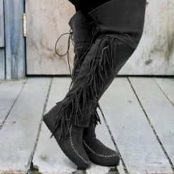 Women's Moccasin Suede Fringe Knee-High Boots - Vintage Boho Style, Embroidered Details, Comfortable Sole, Perfect for Festival Wear and Casual Outfits