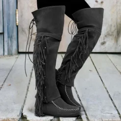 Women's Moccasin Suede Fringe Knee-High Boots - Vintage Boho Style, Embroidered Details, Comfortable Sole, Perfect for Festival Wear and Casual Outfits