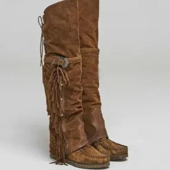Women's Moccasin Suede Fringe Knee-High Boots - Vintage Boho Style, Embroidered Details, Comfortable Sole, Perfect for Festival Wear and Casual Outfits