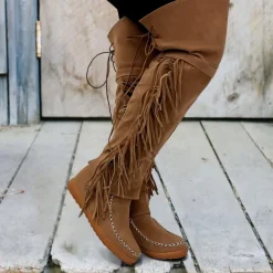 Women's Moccasin Suede Fringe Knee-High Boots - Vintage Boho Style, Embroidered Details, Comfortable Sole, Perfect for Festival Wear and Casual Outfits