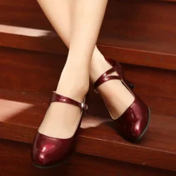 Women's Modern Dance Shoes Prom Ballroom Dance Square Dance Plus Size Heel Cuban Heel Buckle Adults' Dark Red Black White