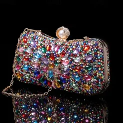 Women's Multicolor Crystal Evening Clutch – Luxury Rhinestone Handbag with Pearl Clasp and Chain Strap for Gala, Wedding, and Formal Events