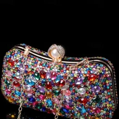 Women's Multicolor Crystal Evening Clutch – Luxury Rhinestone Handbag with Pearl Clasp and Chain Strap for Gala, Wedding, and Formal Events