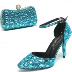 Women's Multicolor Rhinestone Wedding High Heel Shoes with Matching Clutch Bag