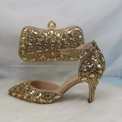 Women's Multicolor Rhinestone Wedding High Heel Shoes with Matching Clutch Bag