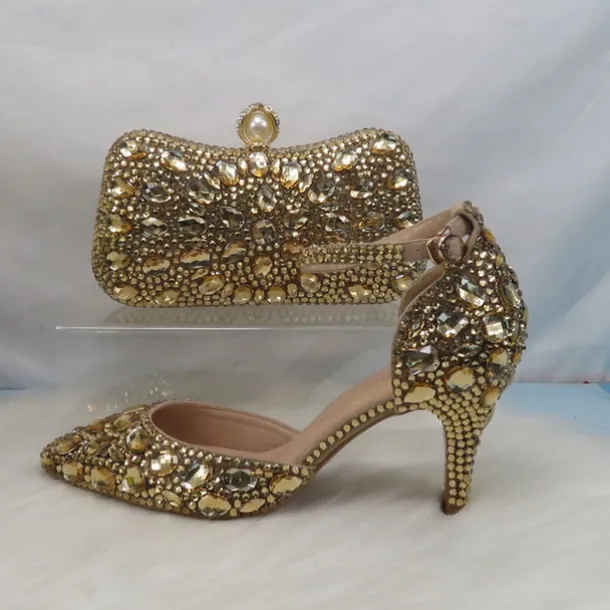 Women's Multicolor Rhinestone Wedding High Heel Shoes with Matching Clutch Bag