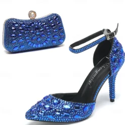 Women's Multicolor Rhinestone Wedding High Heel Shoes with Matching Clutch Bag