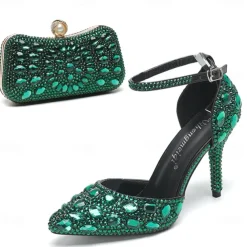Women's Multicolor Rhinestone Wedding High Heel Shoes with Matching Clutch Bag
