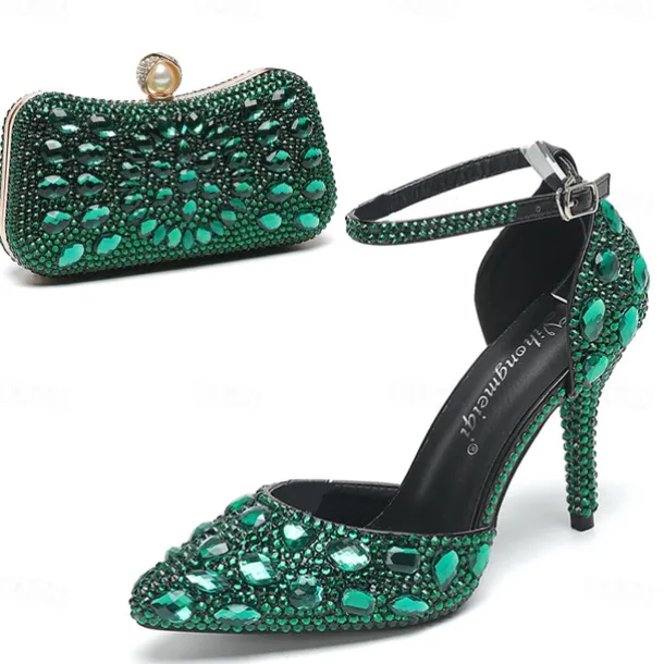 Women's Multicolor Rhinestone Wedding High Heel Shoes with Matching Clutch Bag