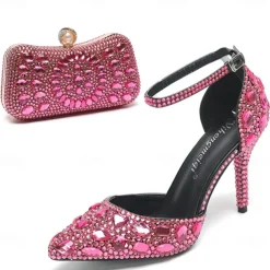 Women's Multicolor Rhinestone Wedding High Heel Shoes with Matching Clutch Bag