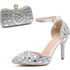 Women's Multicolor Rhinestone Wedding High Heel Shoes with Matching Clutch Bag