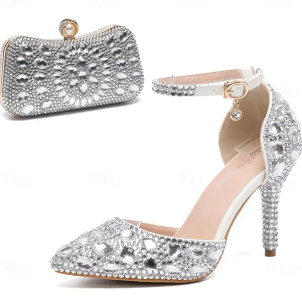 Women's Multicolor Rhinestone Wedding High Heel Shoes with Matching Clutch Bag