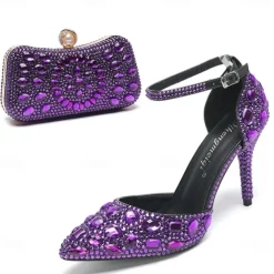 Women's Multicolor Rhinestone Wedding High Heel Shoes with Matching Clutch Bag