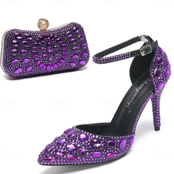 Women's Multicolor Rhinestone Wedding High Heel Shoes with Matching Clutch Bag