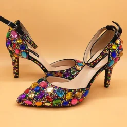 Women's Multicolor Rhinestone Wedding High Heel Shoes with Matching Clutch Bag
