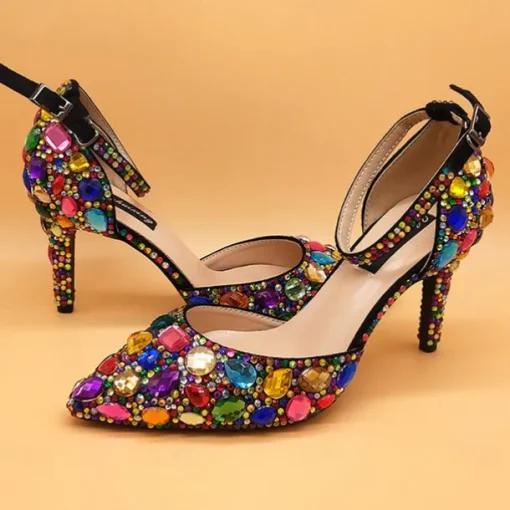Women's Multicolor Rhinestone Wedding High Heel Shoes with Matching Clutch Bag
