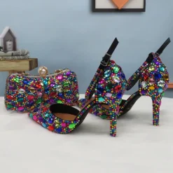 Women's Multicolor Rhinestone Wedding High Heel Shoes with Matching Clutch Bag