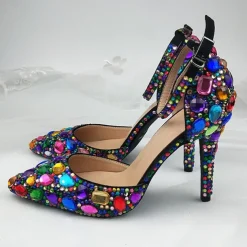 Women's Multicolor Rhinestone Wedding High Heel Shoes with Matching Clutch Bag