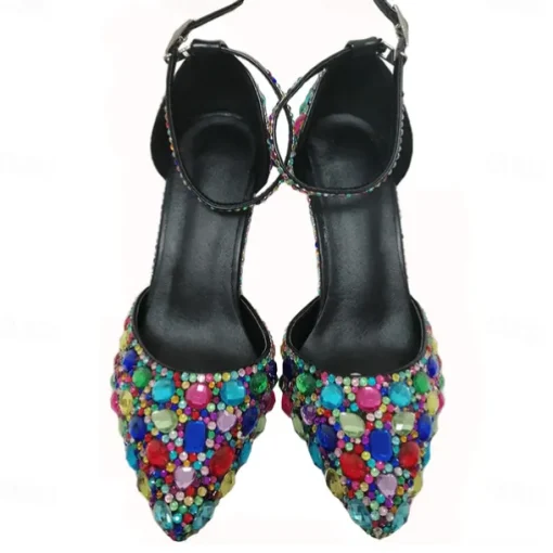 Women's Multicolor Rhinestone Wedding High Heel Shoes with Matching Clutch Bag