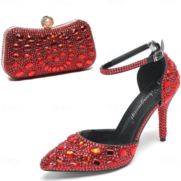 Women's Multicolor Rhinestone Wedding High Heel Shoes with Matching Clutch Bag