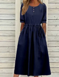 Women's Navy Blue Blue Light Purple Summer Spring Fall Midi Dress Casual Dress Swing Dress Basic Modern Casual Outdoor Daily Loose Fit Plain Crew Neck
