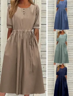 Women's Navy Blue Blue Light Purple Summer Spring Fall Midi Dress Casual Dress Swing Dress Basic Modern Casual Outdoor Daily Loose Fit Plain Crew Neck