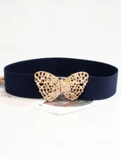 Women's Navy Blue Elastic Waist Belt with Gold Butterfly Buckle | Perfect for Dresses and Skirts