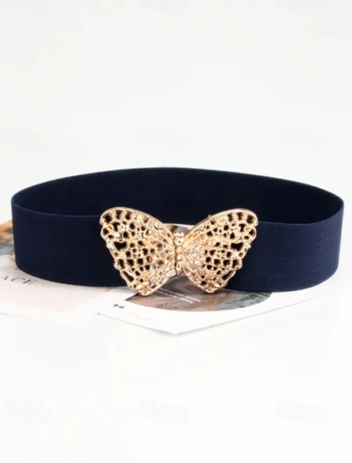 Women's Navy Blue Elastic Waist Belt with Gold Butterfly Buckle | Perfect for Dresses and Skirts