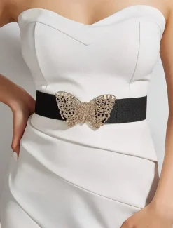 Women's Navy Blue Elastic Waist Belt with Gold Butterfly Buckle | Perfect for Dresses and Skirts