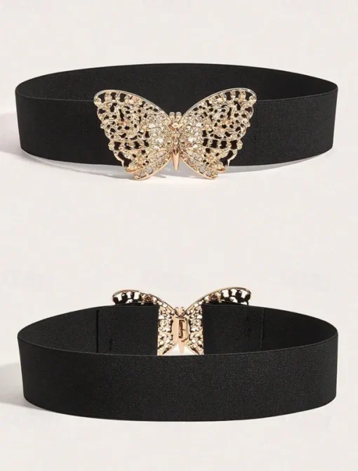 Women's Navy Blue Elastic Waist Belt with Gold Butterfly Buckle | Perfect for Dresses and Skirts