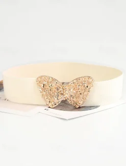 Women's Navy Blue Elastic Waist Belt with Gold Butterfly Buckle | Perfect for Dresses and Skirts