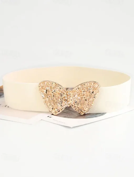 Women's Navy Blue Elastic Waist Belt with Gold Butterfly Buckle | Perfect for Dresses and Skirts